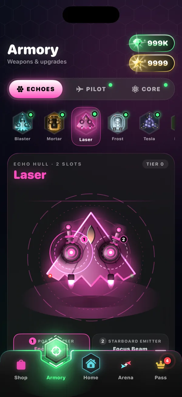 The Armory screen with the Laser echo's weapons